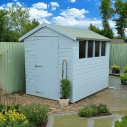 blue wooden shed